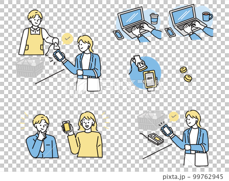 キャッシュレス決済のイラスト(コンビニ、パソコン作業、ネットショッピング) 99762945