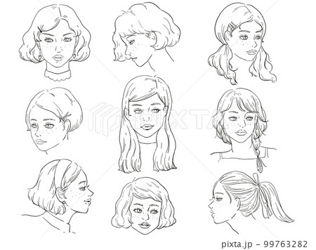 白黒、モノトーン、線画のイラスト(手書き、オシャレ、雑誌、ファッション、可愛い、人物、女の子) 99763282