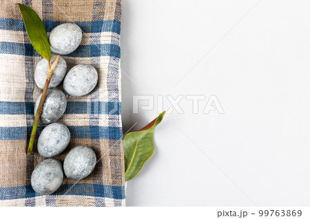 Grey Easter eggs with a sprig and a magnolia leaf on a grey background. Minimalism, copy space, flat lay Grey Easter eggs with a sprig and a magnolia leaf on a grey background. Minimalism, copy space, flat lay 99763869