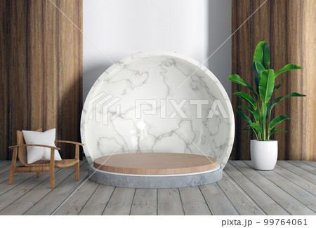 Wooden podium mock-up display with haft sphere background Wooden podium mock-up display with haft sphere background 99764061
