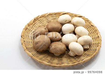 白バックで丸ざるに並べた白とブラウンのマッシュルーム 白バックで丸ざるに並べた白とブラウンのマッシュルーム 99764098