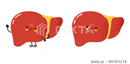 Cute funny liver waving hand character. Vector hand drawn cartoon kawaii character illustration icon. Isolated on white background. Liver character concept 99764218