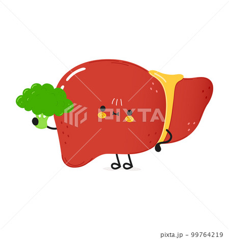Cute liver with broccoli. Vector hand drawn doodle style cartoon character illustration icon design. Card with cute happy liver 99764219