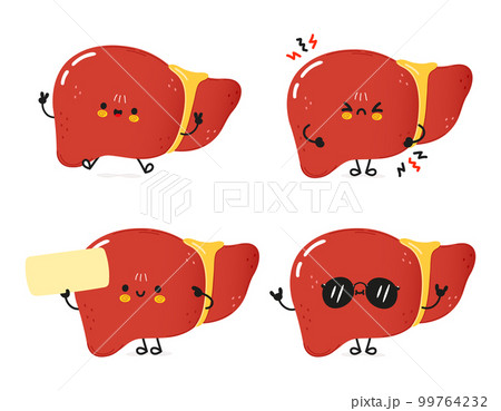 Funny liver characters bundle set. Vector hand drawn doodle style cartoon character illustration icon design. Cute liver mascot character collection 99764232