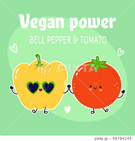 Yellow pepper and tomato card. Vector hand drawn doodle style cartoon character illustration icon design. Happy green pepper and tomato friends concept card 99764244