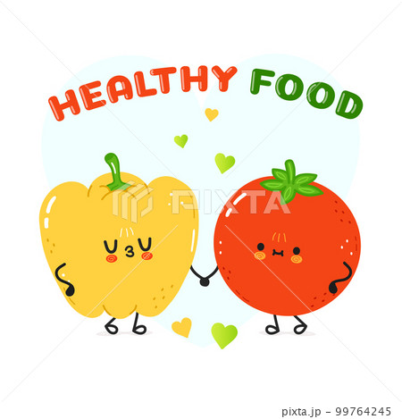 Yellow pepper and tomato card. Vector hand drawn doodle style cartoon character illustration icon design. Happy green pepper and tomato friends concept card 99764245