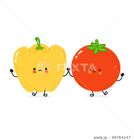 Yellow pepper and tomato card. Vector hand drawn doodle style cartoon character illustration icon design. Happy green pepper and tomato friends concept card 99764247