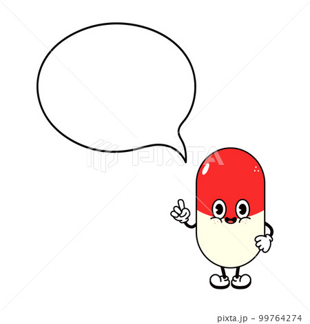 Cute funny pill with speech bubble. Vector hand drawn traditional cartoon vintage, retro, kawaii character illustration icon. Isolated white background. Pill character Cute funny pill with speech bubble. Vector hand drawn traditional cartoon vintage, retro, kawaii character illustration icon. Isolated white background. Pill character 99764274