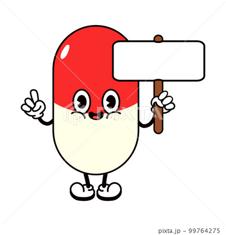 Cute funny pill with an inscription character. Vector hand drawn traditional cartoon vintage, retro, kawaii character illustration icon. Isolated white background. Pill character 99764275