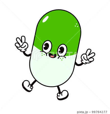 Cute funny jumping pill character. Vector hand drawn traditional cartoon vintage, retro, kawaii character illustration icon. Isolated on white background. Pill jump character concept 99764277