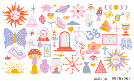 Magic background groovy in retro trend style with clipart elements. mystical vector isolated pattern. editable stroke clipart stickers. Esoteric element witchcraft. Collection of occult symbols y2k Magic background groovy in retro trend style with clipart elements. mystical vector isolated pattern. editable stroke clipart stickers. Esoteric element witchcraft. Collection of occult symbols y2k 99765060