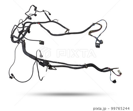 A cable of matted wires of different colors with connectors in the electrical wiring of the car. Internet line in the work of the provider. A cable of matted wires of different colors with connectors in the electrical wiring of the car. Internet line in the work of the provider. 99765244