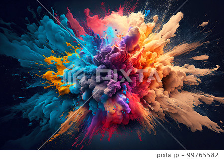 Colored paint splash isolated on black background. Generative AI. 99765582
