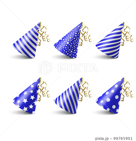 Vector 3d Realistic Blue and White Birthday Party Hat Icon Set Isolated on White Background. Party Cap Design Template for Party Banner, Greeting Card. Holiday Hats, Cone Shape, Front View 99765901