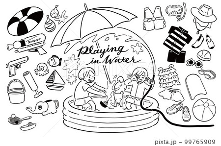 夏の水遊び・プールグッズセット　人物イラスト付き（線画） 99765909