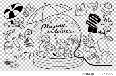 夏の水遊び・プールグッズセット　人物イラスト付き（線画） 99765909