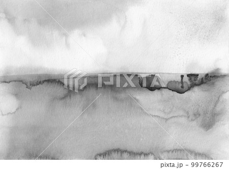 Watercolor black and white background. Abstract minimalist landscape. Stains on paper. 99766267