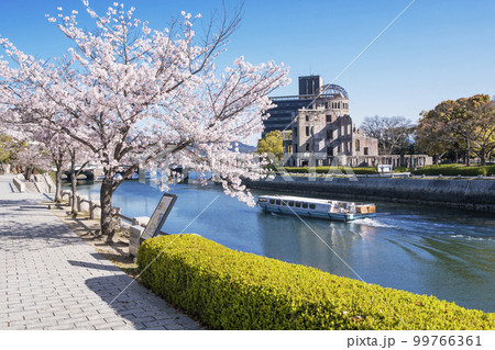 桜と原爆ドーム　原爆ドームと観光船　春の平和記念公園　桜咲く元安川と原爆ドーム　広島観光スポット　 99766361