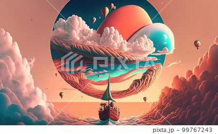 AI generated abstract ethereal landscape with mountains and lake 99767243