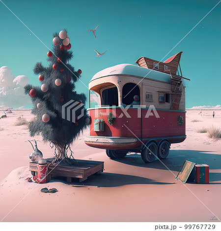 AI generated Vintage car with Christmas tree in the desert AI generated Vintage car with Christmas tree in the desert 99767729