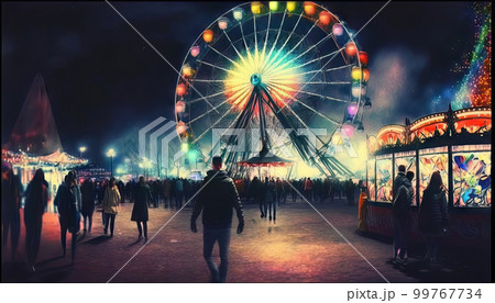 Carnival in the amusement park at night with ferris wheel 99767734