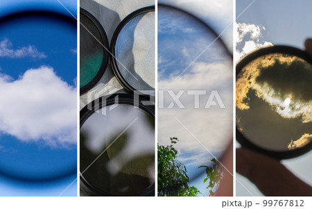 Collage of polarizing and ND filters for the camera. Square format Collage of polarizing and ND filters for the camera. Square format 99767812
