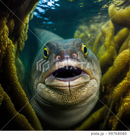 moray eel fish peeks out of its hole in the algae underwater close-up, unusual sea animal moray eel fish peeks out of its hole in the algae underwater close-up, unusual sea animal 99768080
