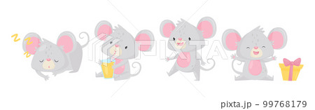 Grey Mouse Character with Huge Ears Engaged in Different Activity Vector Set 99768179