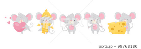 Grey Mouse Character with Huge Ears Engaged in Different Activity Vector Set 99768180