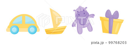 Different Toys for Children to Play with Car, Boat, Stuffed Hippo and Gift Box Vector Set 99768203