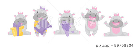 Cute Hippo Baby Girl Character with Stocky Body Engaged in Different Activity Vector Set 99768204