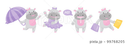 Cute Hippo Baby Girl Character with Stocky Body Engaged in Different Activity Vector Set 99768205