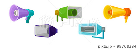 Loudspeaker and Megaphone with Handle as Hand-held Acoustic Horn Vector Set Loudspeaker and Megaphone with Handle as Hand-held Acoustic Horn Vector Set 99768234