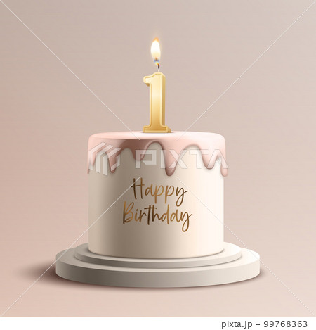 One Year. Vector Birthday Anniversary Sweet Cake. Greeting Card, Banner with 3d Realistic Burning Golden Birthday Party Candle, Number, Flame. Icon Design Template for Birthday Concept. Front View One Year. Vector Birthday Anniversary Sweet Cake. Greeting Card, Banner with 3d Realistic Burning Golden Birthday Party Candle, Number, Flame. Icon Design Template for Birthday Concept. Front View 99768363