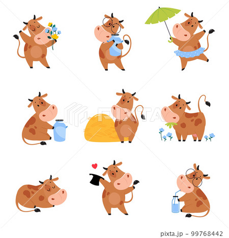 Cute happy brown cow in various activities set. Lovely farm animal character smelling bouquet of flowers, walking with umbrella and grazing in meadow cartoon vector illustration Cute happy brown cow in various activities set. Lovely farm animal character smelling bouquet of flowers, walking with umbrella and grazing in meadow cartoon vector illustration 99768442