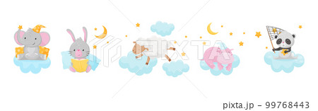 Cute Little Animals Sleeping Under Starry Sky with Crescent Vector Set Cute Little Animals Sleeping Under Starry Sky with Crescent Vector Set 99768443