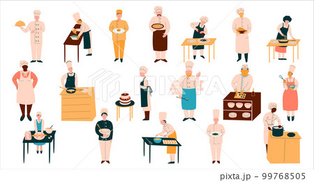 Chefs cooking in restaurant kitchen set. Professional cooks preparing food and baking tasty desserts cartoon vector illustration 99768505