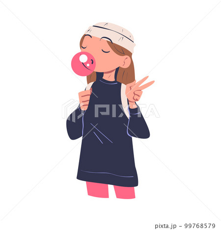 Confident Woman Character Blowing Gum Bubble with Satisfied Face Showing V Sign Gesture Expressing Self Pride Vector Illustration Confident Woman Character Blowing Gum Bubble with Satisfied Face Showing V Sign Gesture Expressing Self Pride Vector Illustration 99768579