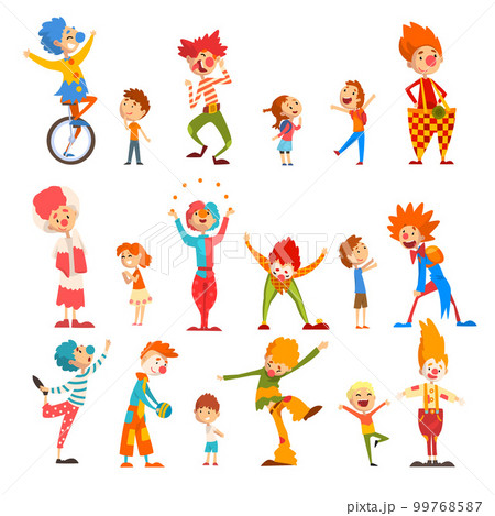 Friendly funny clowns in classic outfit performing tricks and entertaining kids at Birthday or carnival party vector 99768587