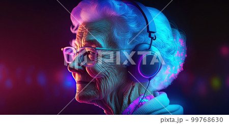 Grandma listens to music. Cool grandmother wearing headphones listening music. Forever young elderly hipster woman enjoys a favourite song Grandma listens to music. Cool grandmother wearing headphones listening music. Forever young elderly hipster woman enjoys a favourite song 99768630