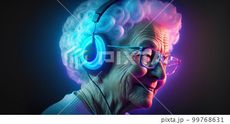 Grandma listens to music. Cool grandmother wearing headphones listening music. Forever young elderly hipster woman enjoys a favourite song Grandma listens to music. Cool grandmother wearing headphones listening music. Forever young elderly hipster woman enjoys a favourite song 99768631