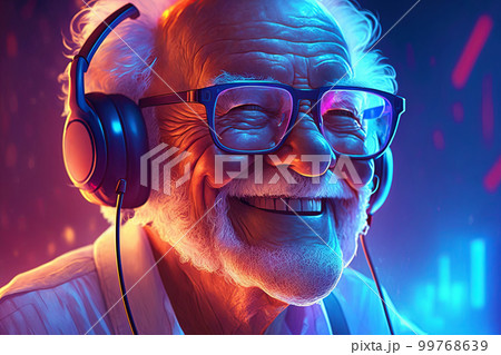 Grandpa listens to music. Cool grandfather wearing headphones listening music. Forever young elderly hipster man enjoys a favourite song 99768639