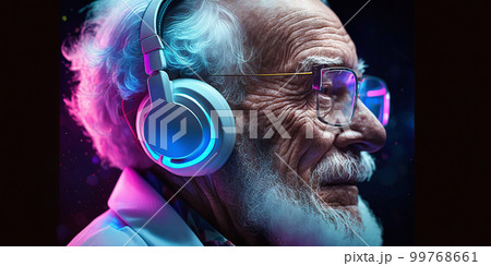 Grandpa listens to music. Cool grandfather wearing headphones listening music. Forever young elderly hipster man enjoys a favourite song 99768661