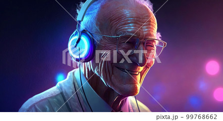 Grandpa listens to music. Cool grandfather wearing headphones listening music. Forever young elderly hipster man enjoys a favourite song Grandpa listens to music. Cool grandfather wearing headphones listening music. Forever young elderly hipster man enjoys a favourite song 99768662