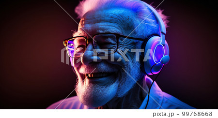 Grandpa listens to music. Cool grandfather wearing headphones listening music. Forever young elderly hipster man enjoys a favourite song 99768668