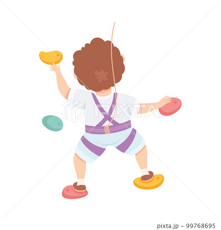 Little Boy Climbing Wall Crawling Up Equipped with Rope Gripping to Ledges Back View Vector Illustration 99768695