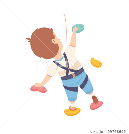 Little Boy Climbing Wall Crawling Up Equipped with Rope Gripping to Ledges Back View Vector Illustration 99768696