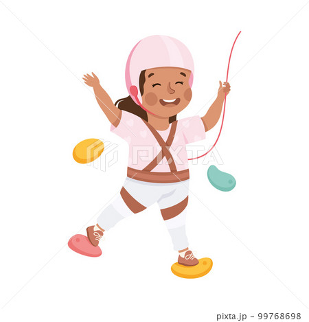 Happy Little Girl Climbing Wall Crawling Up Equipped with Rope Vector Illustration 99768698