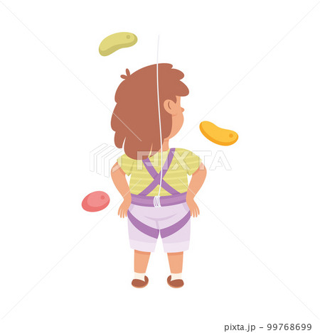 Little Girl Standing in Front of Climbing Wall Equipped with Rope Back View Vector Illustration 99768699