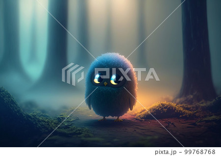 Tiny fairy creature in a magical fairy-tale forest. Cute monster in the foggy forest. Little magical creature with beautiful eyes with neon lights in the background Tiny fairy creature in a magical fairy-tale forest. Cute monster in the foggy forest. Little magical creature with beautiful eyes with neon lights in the background 99768768